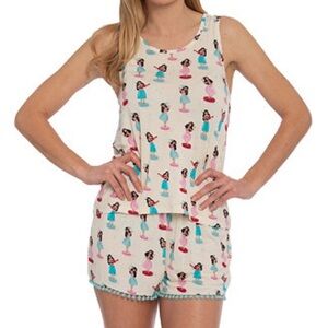 Nite nite munki munki Women's Cream Sleepwear Set with Colorful hula girl Print